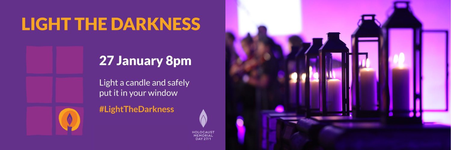 Purple image of candles lit in candle holders, with the text 'Light the darkness, 27 January 8pm, light a candle and safely put it in your window, #LightTheDarkness'