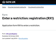 A section of form RX1: Enter a restriction: registration