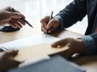 Two people sitting on opposite sides of a desk, with a sheet of paper between them and pens in their hands.