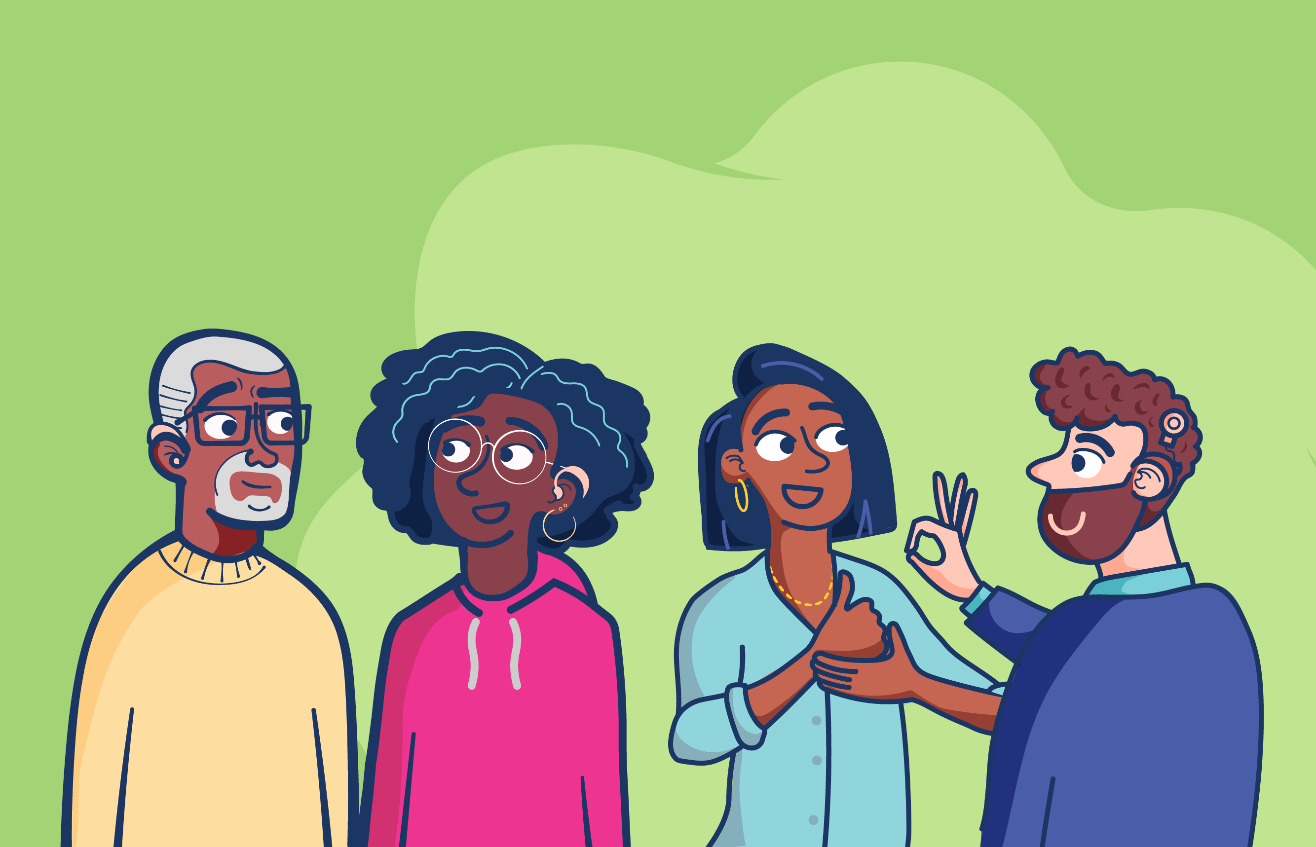 Illustrated group of four people in conversation on a green background. Two are communicating using British Sign Language, and two are wearing hearing aids.