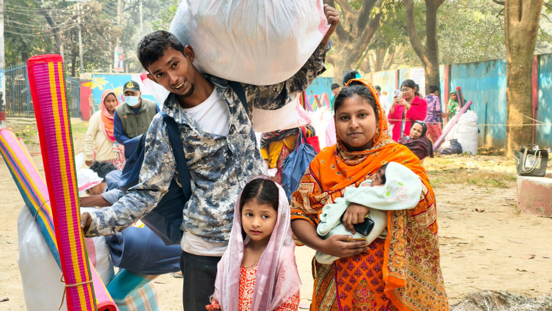 A family collecting aid