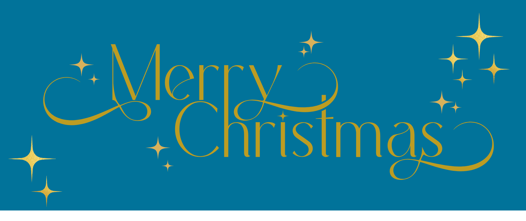 Blue background with the words Merry Christmas in gold with sparkles