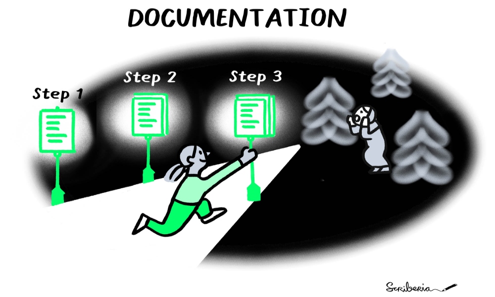 cartoon indicating documentation - woman running with bright papers